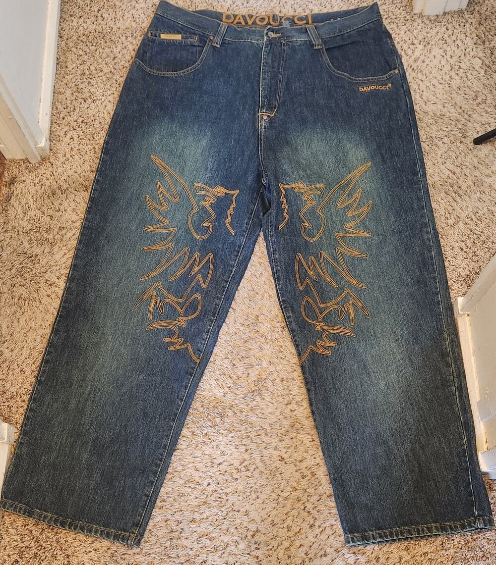 VINTAGE Y2K 2000s Davoucci Denim Jeans Phoenix Embroidery Size 44x33 See Picture